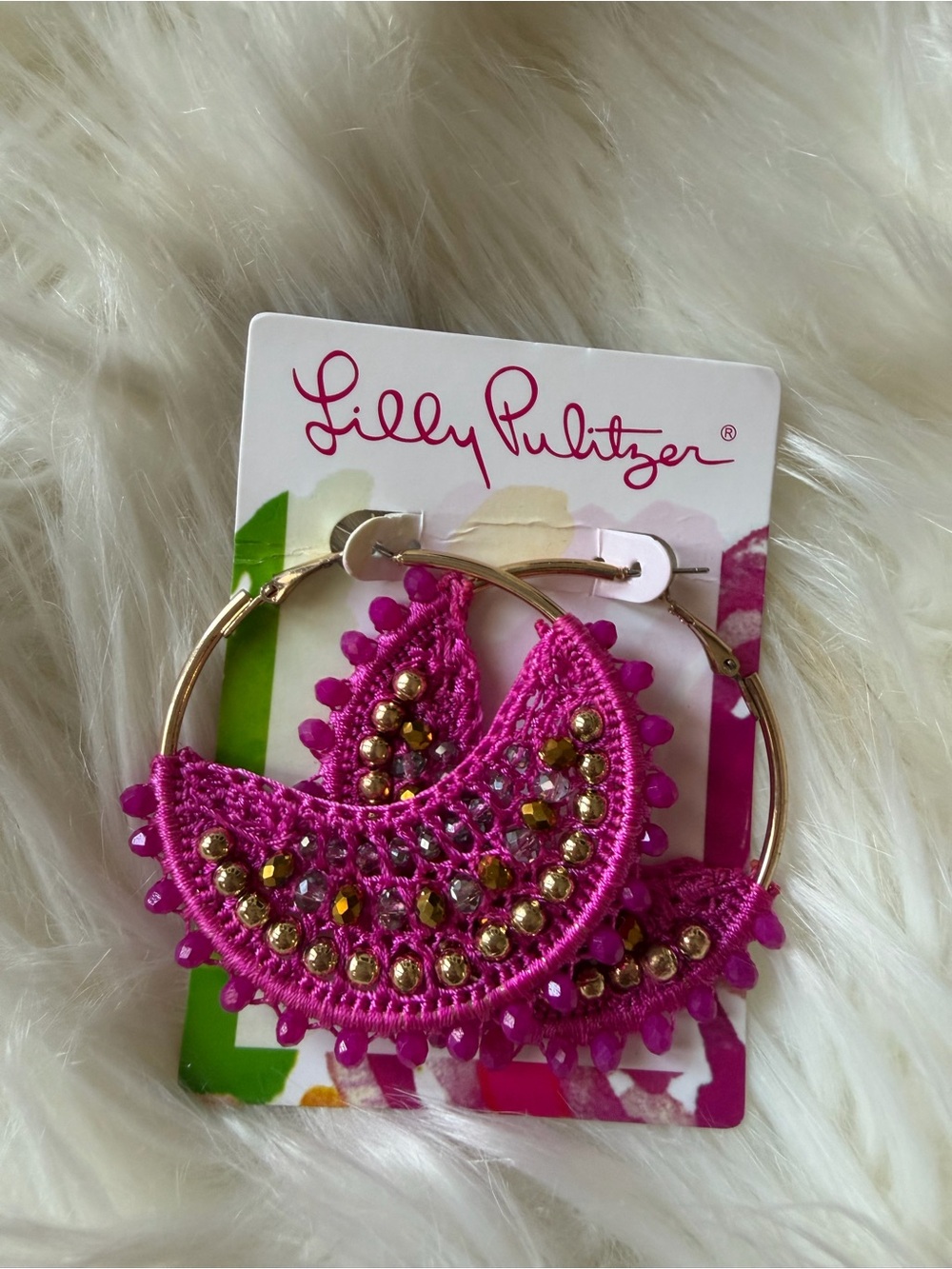Lilly Pulitzer Fuchsia Crochet Hoop Earrings with Gold Beads